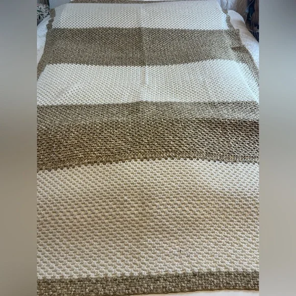 Handmade Double Crochet Cream & Tan Striped Knit Blanket (54” wide x 76” long)